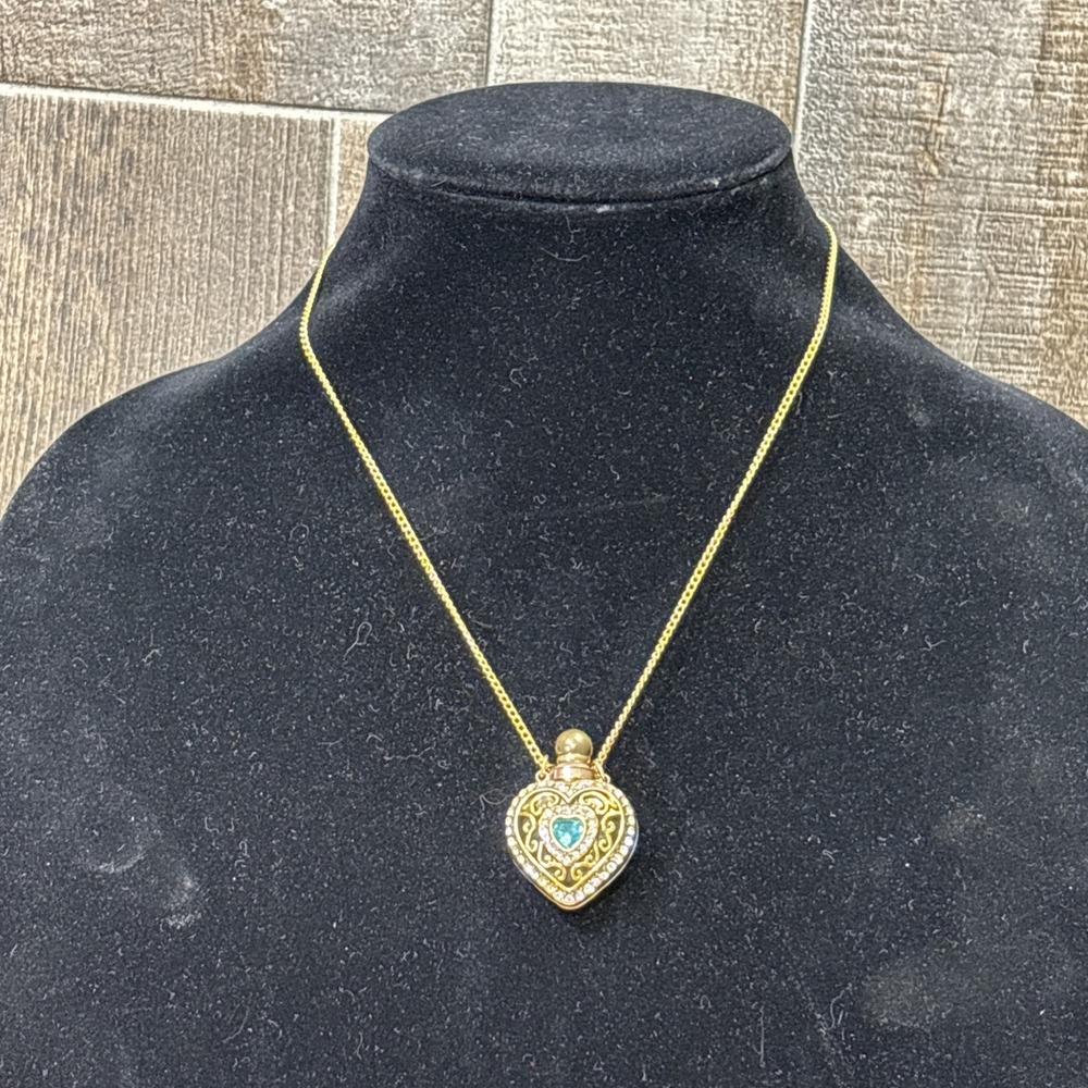 Vintage Perfume Bottle Necklace Blue Rhinestone Heart Filigree Gold Tone